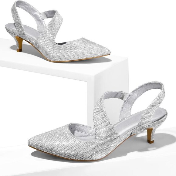 Women's Silver Kitten Heels 2 Inch Slingback Pumps for Wedding Party Dress - Picture 2 of 6